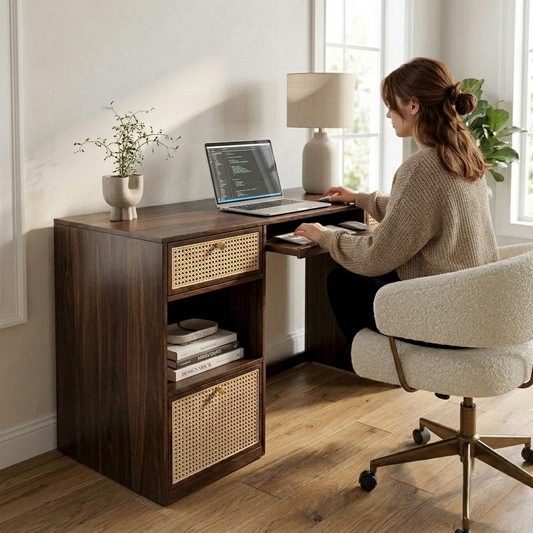 Suryavanshi Sheesham Wood Study Desk with Cane-Woven Drawers – Walnut Finish