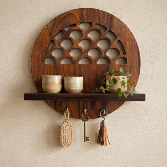 Suryavanshi Florence Wooden Wall Shelf with Key Hooks and Arch Cutout Design
