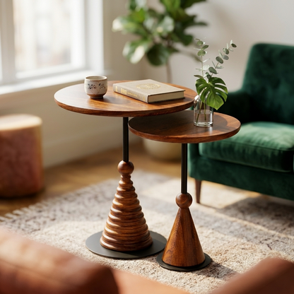 Sheesham Wood Round Nesting Side Tables Set of 2 with Black Metal Details