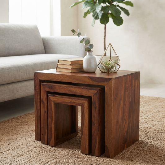 Suryavanshi Venice Solid Wood Nesting Tables Set of 3, Handcrafted Side Tables