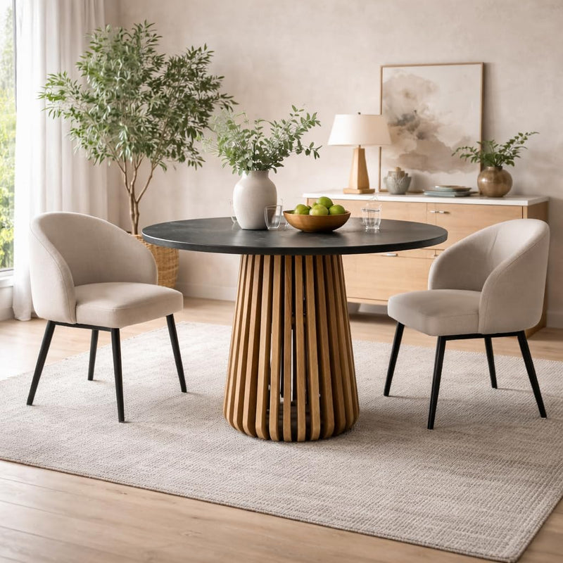 Suryavanshi - Bristol Round Black Marble Dining Table with Wooden Slatted Pedestal Base