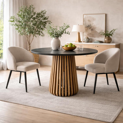 Suryavanshi - Bristol Round Black Marble Dining Table with Wooden Slatted Pedestal Base