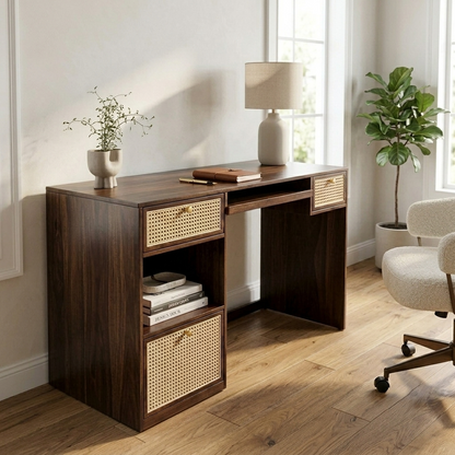 Suryavanshi Sheesham Wood Study Desk with Cane-Woven Drawers – Walnut Finish