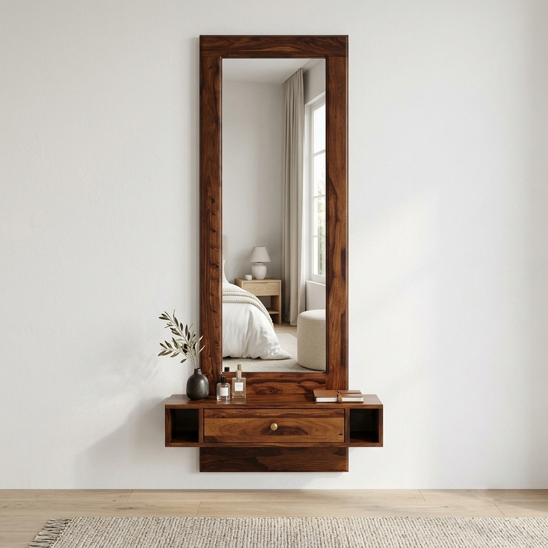 Solid Wood Wall-Mounted Dressing Mirror with Drawer & Side Storage