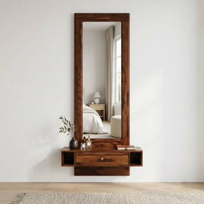 Solid Wood Wall-Mounted Dressing Mirror with Drawer & Side Storage