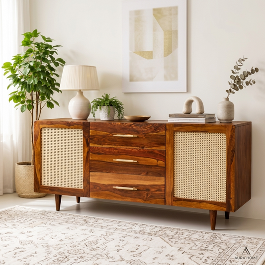 Suryavanshi Maya Solid Sheesham Wood Sideboard Cabinet with Cane Doors