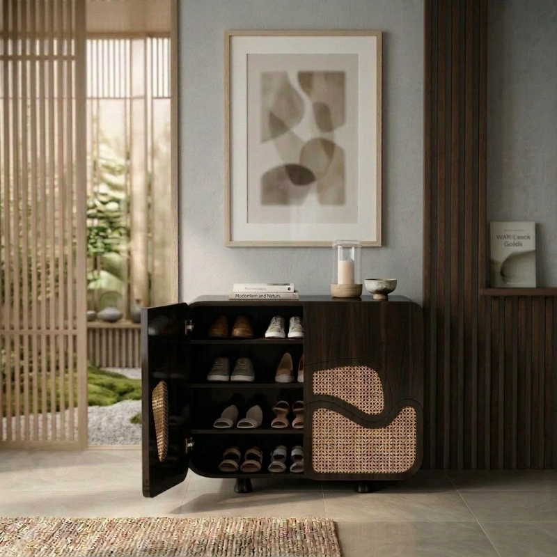 Sheesham Wood Modern Shoe Cabinet with Cane Rattan Doors, Wave Design Storage