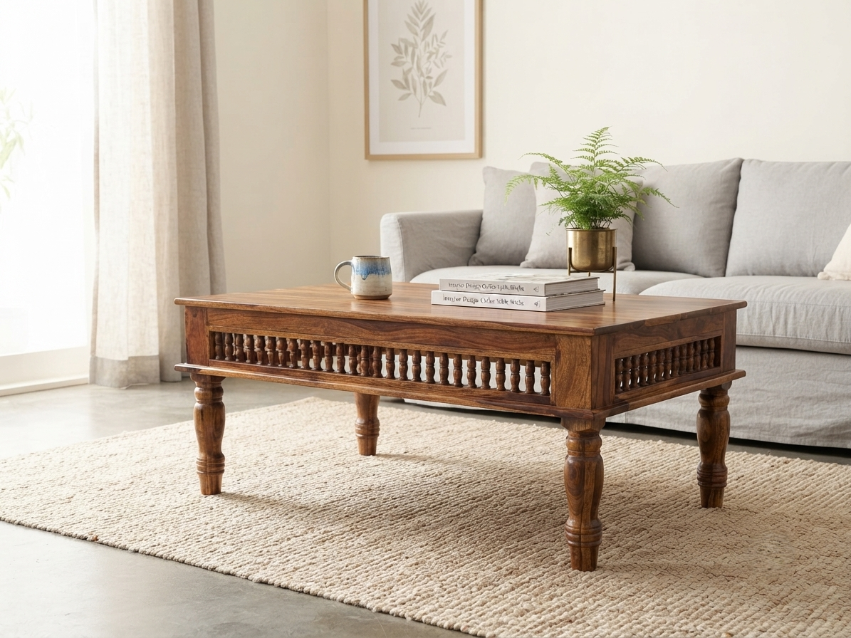 Kothari Solid Wood Coffee Table with Carved Spindle Details, Honey Finish