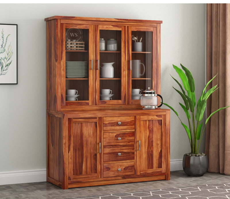 Suryavanshi Furniture Sheesham Wood Kitchen Buffet | Hutch Cabinet : Elegant Storage Solution with Glass Doors and Drawers | Crockery Cabinet | Natural Finish