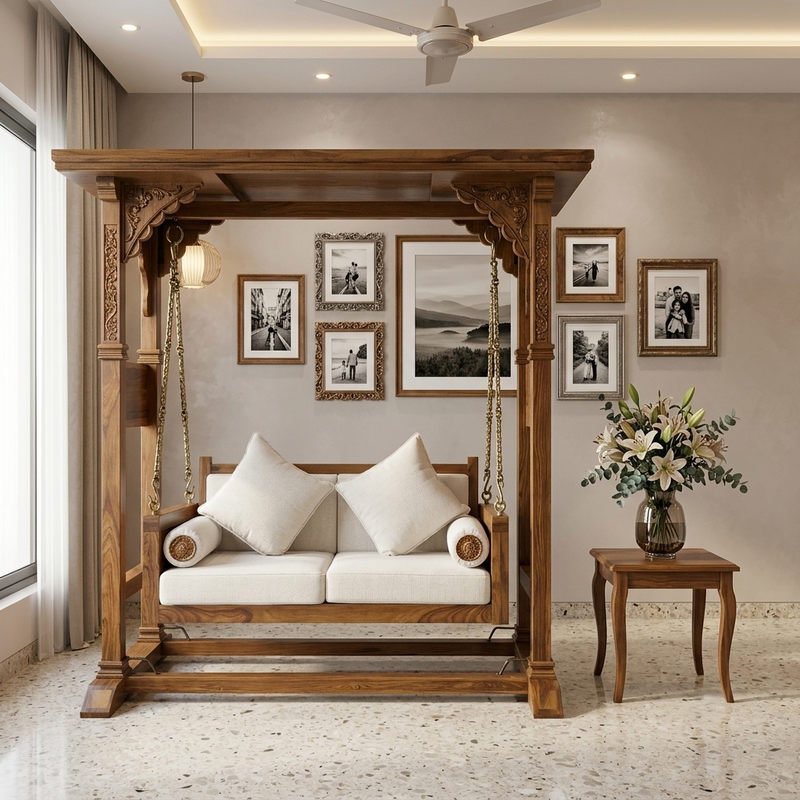 Ambar Solid Wood Temple Swing with Stand | Traditional Hand-Carved Wooden Jhula For Living Room