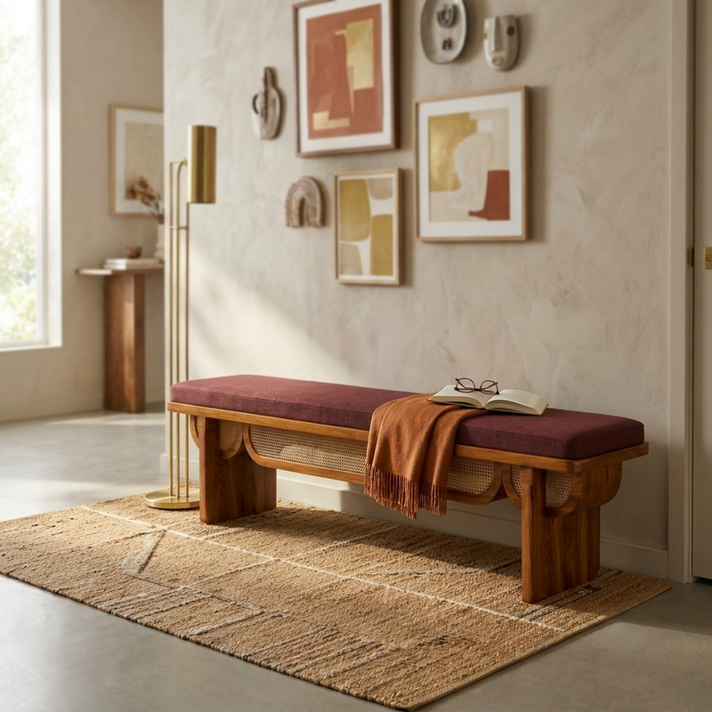 Sheesham Wood Designer Cane Bench with Maroon Upholstered Seat