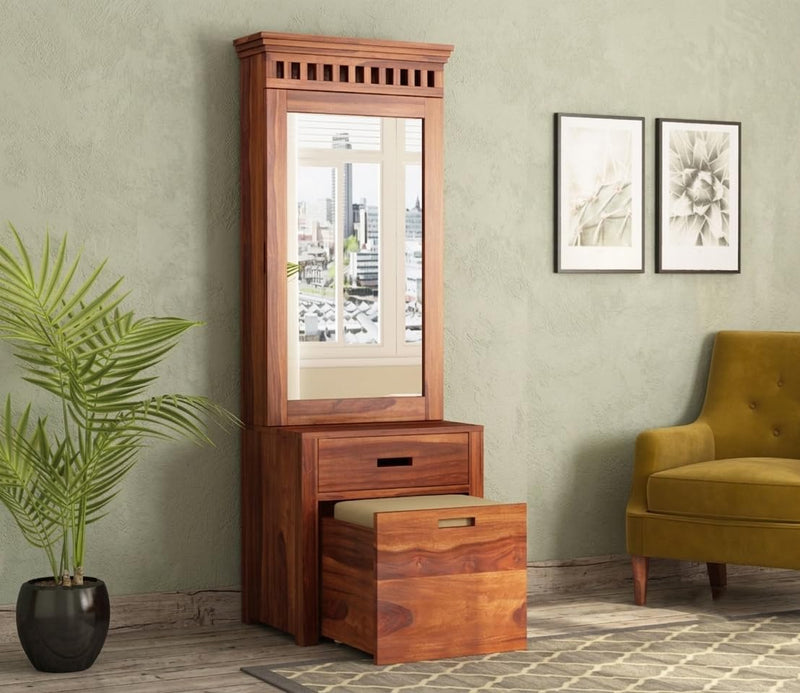 Block Solid Sheesham Wood Dressing Table with Mirror & Storage Stool Honey Finish