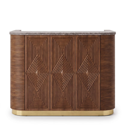 Bentley Fluted Wood Bar Cabinet with Marble Top and Brass Base