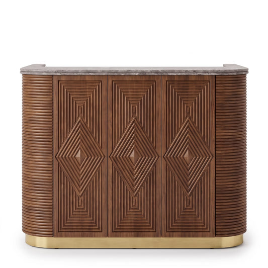 Bentley Fluted Wood Bar Cabinet with Marble Top and Brass Base