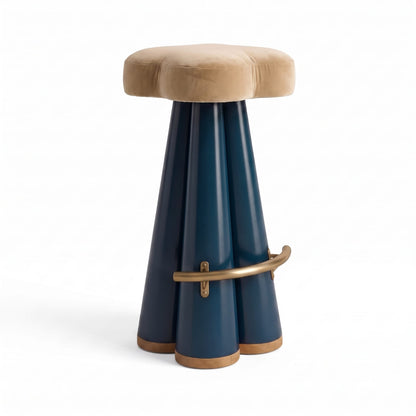 Opal Blue & Gold Bar Stool with Padded Beige Seat