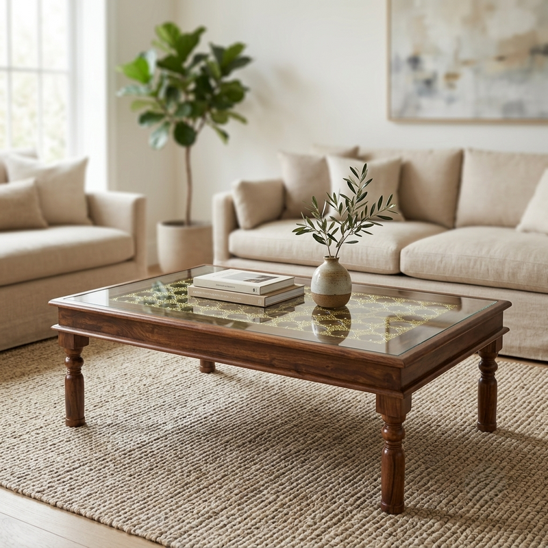 Stratford Sheesham Wood Center Table with Glass Top and Ornate Brass Work – Handcrafted Style