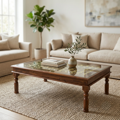 Stratford Sheesham Wood Center Table with Glass Top and Ornate Brass Work – Handcrafted Style