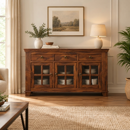 Suryavanshi Sheesham Wood 3 Glass Door & 3-Drawer Sideboard, for Living Room
