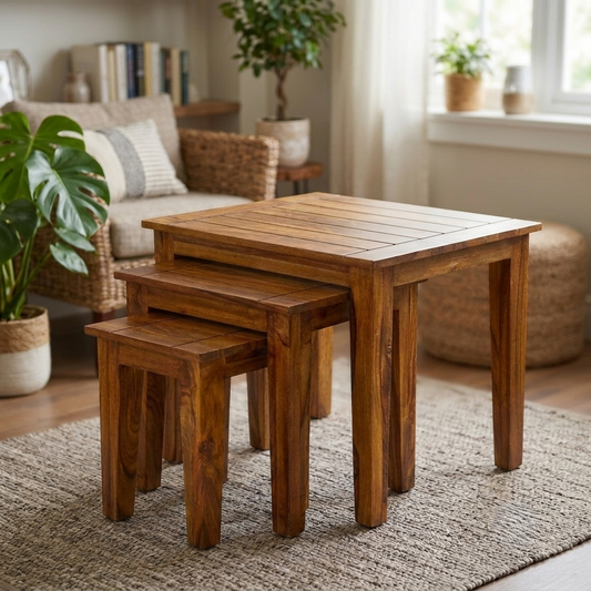 Sheesham Wood Nesting Side Tables Set of 3 – Stackable and Versatile in Honey Finish