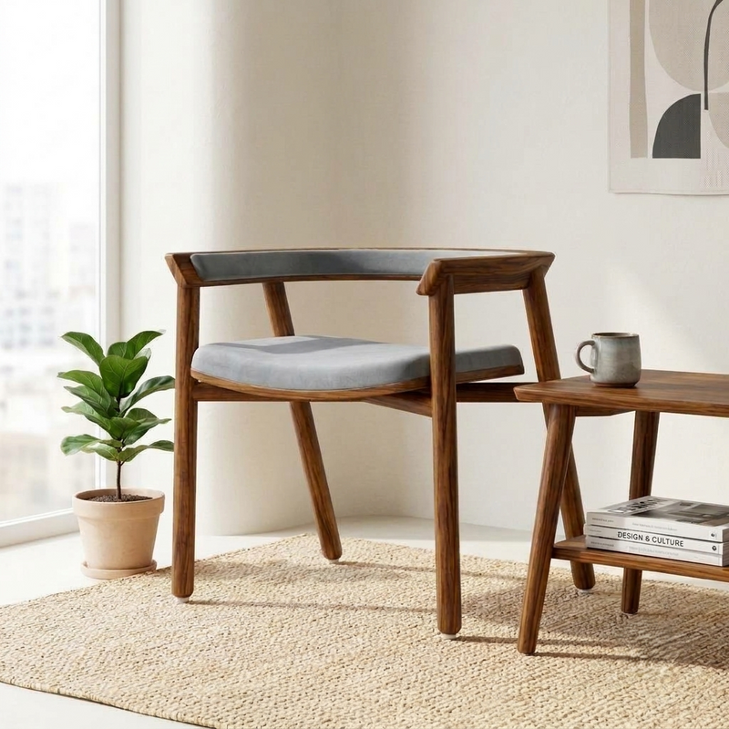 Sheesham Wood Armchair with Grey Cushioned Seat & Backrest - Modern Mid-Century Accent Chair