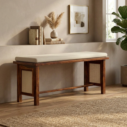 Sheesham Wood Bench with Cream Upholstered Seat & Woven Cane Panels