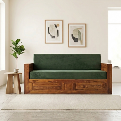 Florio Sheesham Wood Sofa Cum Bed with Green Upholstered | Convertible Wooden Sofa Bed with Storage