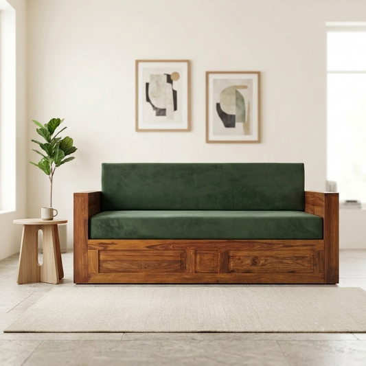 Florio Sheesham Wood Sofa Cum Bed with Green Upholstered | Convertible Wooden Sofa Bed with Storage