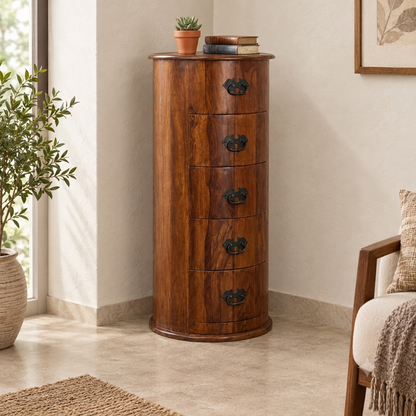 Windsor - Sheesham Wood Round Chest of Drawers with Antique Black Metal Handles, 5 Drawer Storage Cabinet