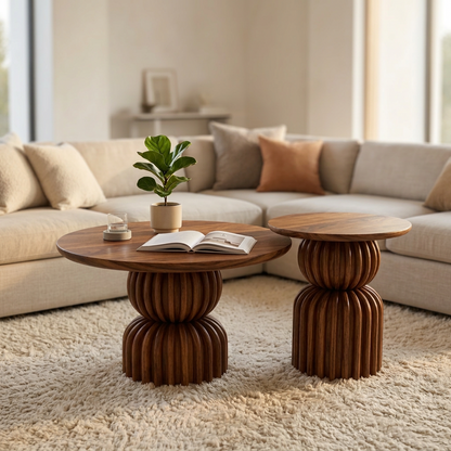 Sheesham Wood Nesting Coffee Tables Set of 2 - Sculptural Ribbed Pedestal Base
