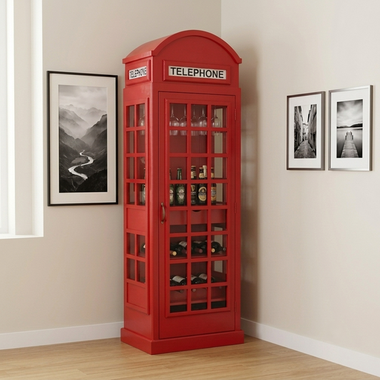 Giles British Telephone Booth Style Bar Cabinet in Red with Transparent Acrylic Sheet  Door