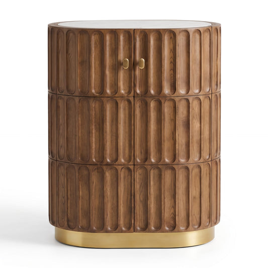 Aurora - Acacia Wood Bar Cabinet with Fluted Panel Design & Natural Marble Top