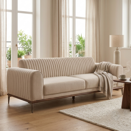 Belmont Luxury Fluted Cream Upholstered 3 Seater Sofa with Metal Legs