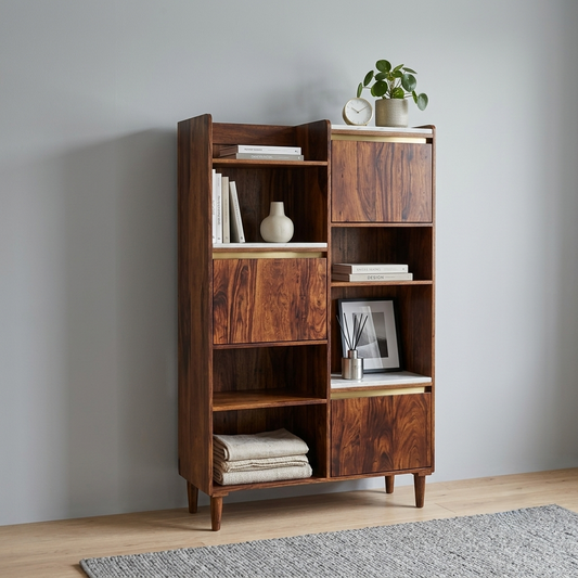 Suryavanshi Sheesham Wood Display Cabinet with Marble Accent Shelves, Open Bookcase & Closed Storage