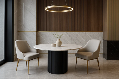 Kelby Natural Marble Round 4 Seater Dining Table With Wooden Legs