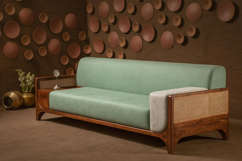 Suryavanshi Sage Harmony Rattan Sofa – Solid Wood Frame with Cane Detailing & Sage Green Upholstery