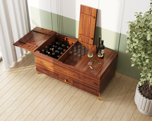 Suryavanshi Sheesham Wood Bar Cabinet Versatile Coffee Table – Vintage Iron or Brass Gold Finish