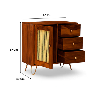 Suryavanshi Solid Wood Sideboard Cabinet with Cane 1 Door & 3Drawers Cane Sideboard and Cabinet | Sideboard for Living Room