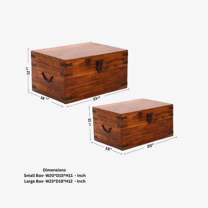 Suryavanshi Handcrafted Sheesham Wood Trunk Box Set of 2 – Vintage Wooden Storage Chest with Metal Fittings for Home & Living Room Décor