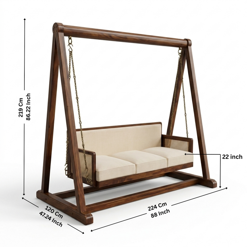 Rajsi Solid Wood Indoor Swing Sofa with Stand | Cushioned 3-Seater Hanging Swing