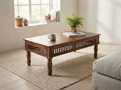 Kothari Solid Wood Coffee Table with Carved Spindle Details, Honey Finish