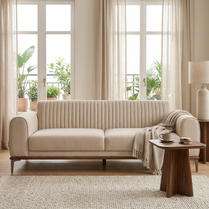 Belmont Luxury Fluted Cream Upholstered 3 Seater Sofa with Metal Legs