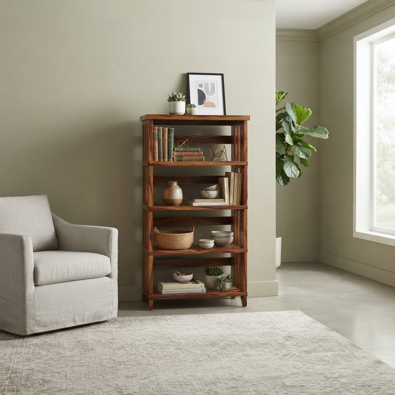 Suryavanshi Oxford Handcrafted Sheesham Wood Small Open Bookshelf – Honey Finish | 4-Tier Book Rack