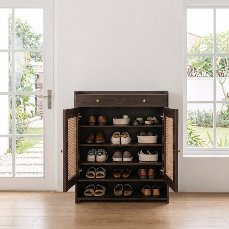 Suryavanshi Wooden Shoe Cabinet with Cane Webbing Doors, 2 Drawers, Open Shelf, Sheesham Wood