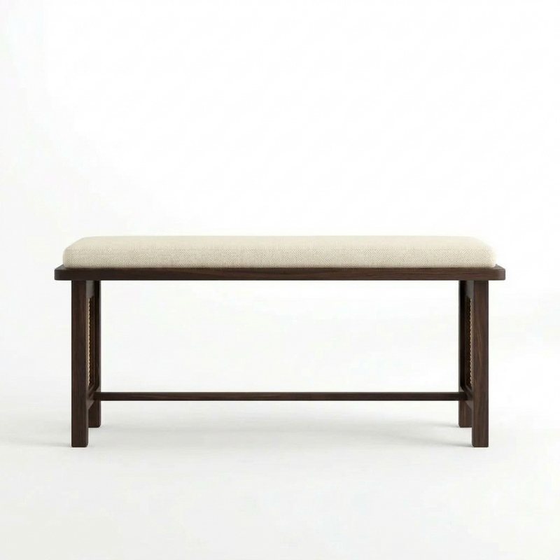 Sheesham Wood Bench with Cream Upholstered Seat & Woven Cane Panels