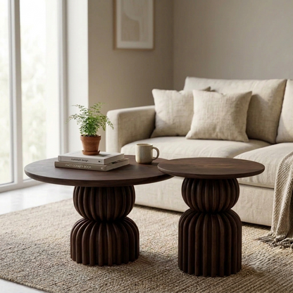 Sheesham Wood Nesting Coffee Tables Set of 2 - Sculptural Ribbed Pedestal Base