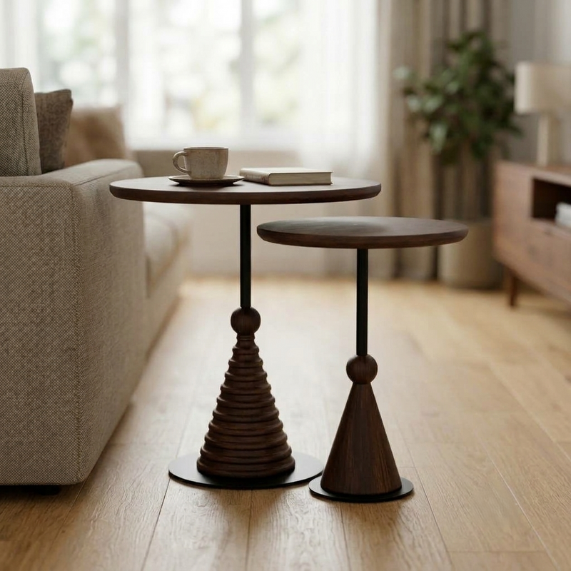Sheesham Wood Round Nesting Side Tables Set of 2 with Black Metal Details