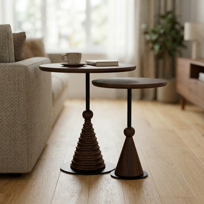 Sheesham Wood Round Nesting Side Tables Set of 2 with Black Metal Details