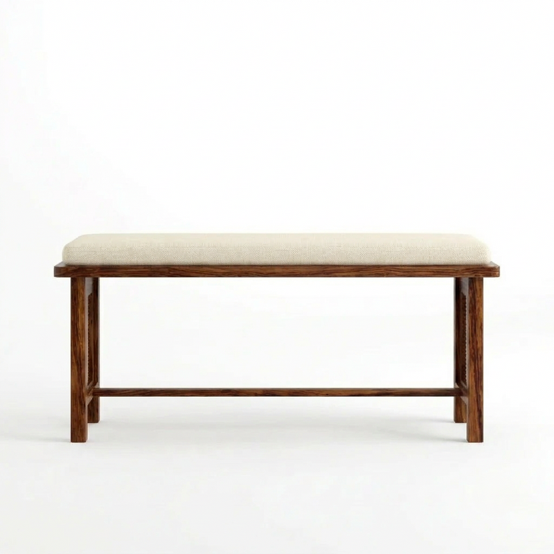 Sheesham Wood Bench with Cream Upholstered Seat & Woven Cane Panels