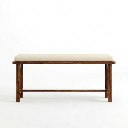 Sheesham Wood Bench with Cream Upholstered Seat & Woven Cane Panels