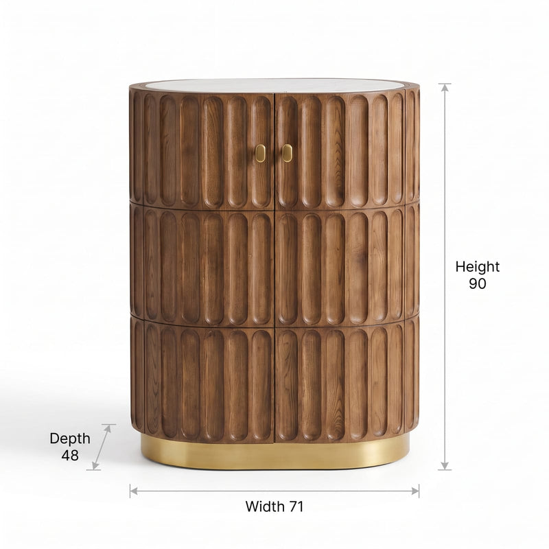 Aurora - Acacia Wood Bar Cabinet with Fluted Panel Design & Natural Marble Top